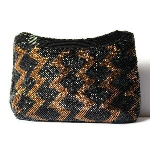 Valerie Stevens Beaded Black & Gold Shoulder Purse Evening Bag with Strap